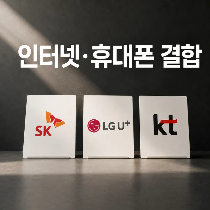 SK LG KT 인터넷 휴대폰 결합 할인과 가족결합 조건을 비교한 안내 이미지