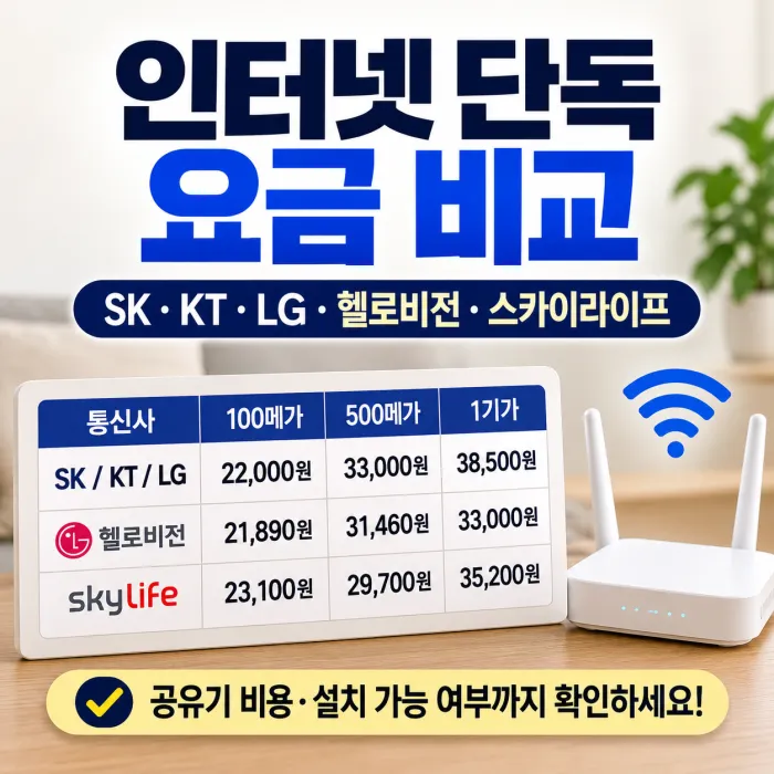 인터넷 단독 요금 비교 SK KT LG 헬로비전 스카이라이프 실제 비용