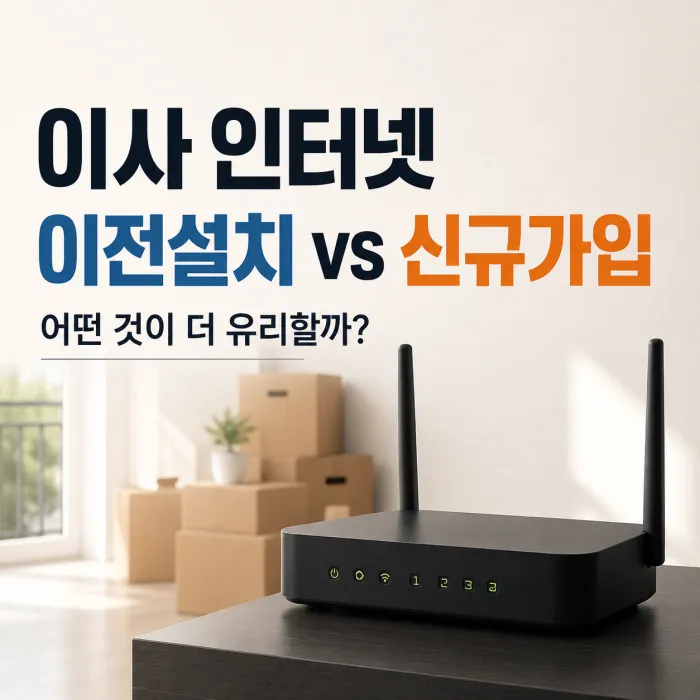 이사 인터넷 이전설치와 신규가입 조건을 비교하는 와이파이 공유기와 이삿짐 상자