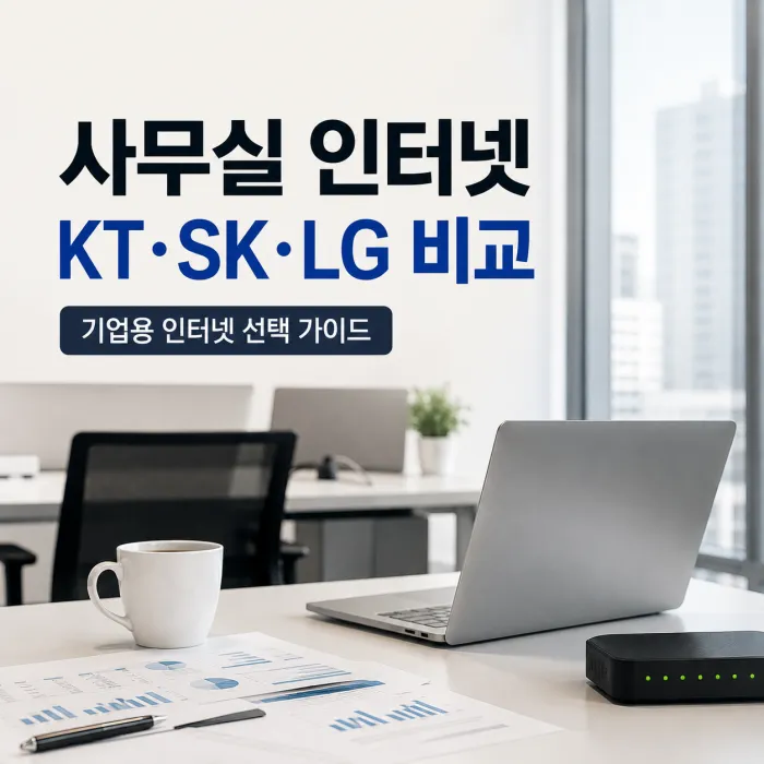 사무실 책상과 노트북을 배경으로 표시한 KT SK LG 기업용 인터넷 비교 이미지