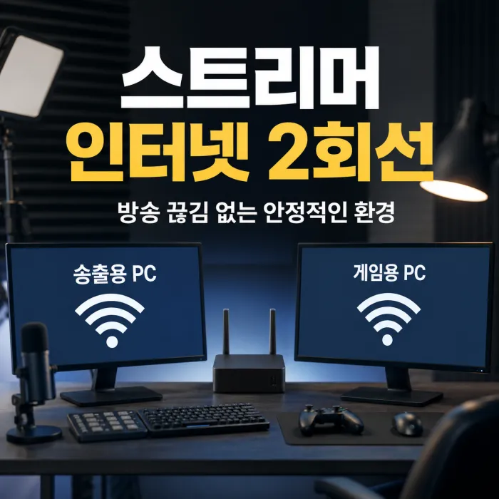 송출용 컴퓨터와 게임용 컴퓨터에 서로 다른 인터넷 회선을 연결한 스트리머 방송 환경