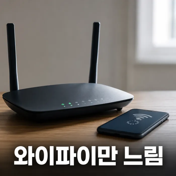 기가 인터넷 공유기 옆에서 와이파이 속도 저하 원인을 점검하는 모습
