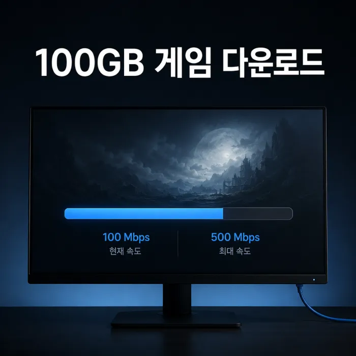 게임 다운로드 화면과 인터넷 속도 비교를 보여주는 100GB 게임 다운로드 이미지