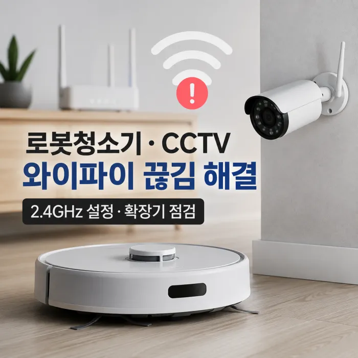 대표 이미지 ALT 태그: 로봇청소기와 CCTV 2.4GHz 와이파이 끊김 및 와이파이 확장기 해결 방법