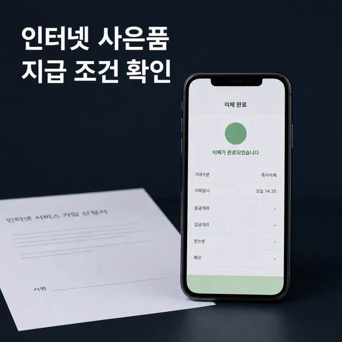 상담 메시지와 입금 확인 화면으로 인터넷 가입 사은품 당일 지급 조건을 점검하는 모습