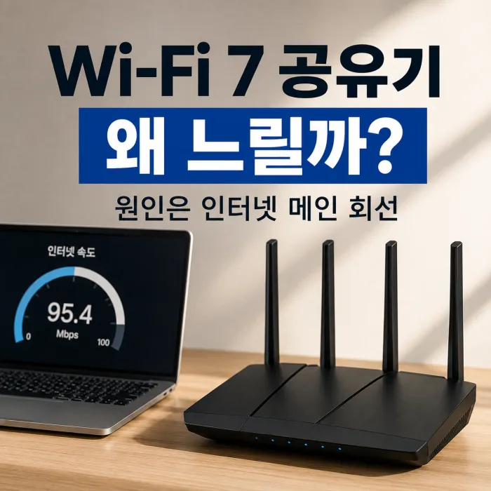 Wi-Fi 7 공유기와 100메가 인터넷 메인 회선 속도 차이를 보여주는 이미지