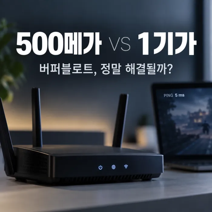 500메가와 1기가 인터넷의 버퍼블로트 및 게임 핑 차이를 비교하는 와이파이 공유기 이미지