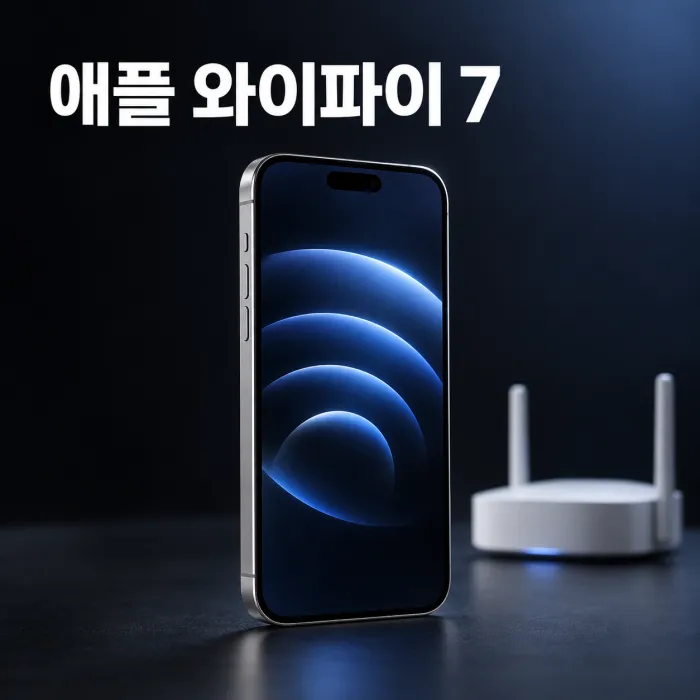 아이폰, 맥북, 아이패드와 와이파이 공유기를 배치해 애플 와이파이 7 지원 기기를 보여주는 이미지