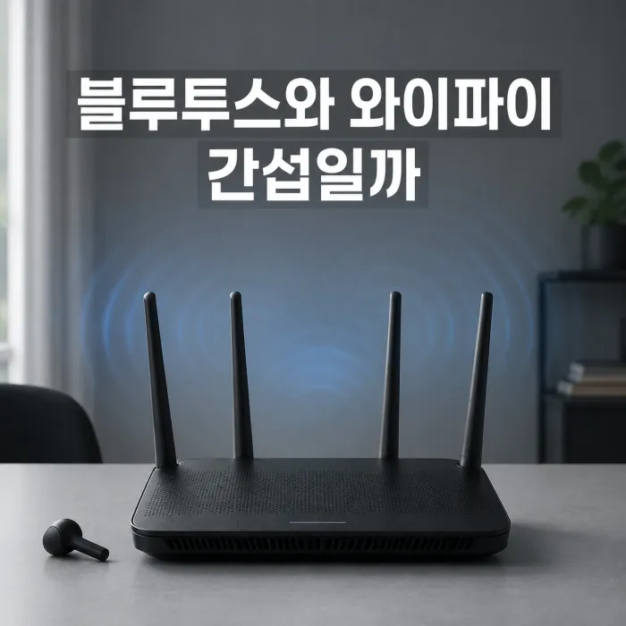 블루투스 와이파이 간섭을 보여주는 공유기와 무선 이어폰
