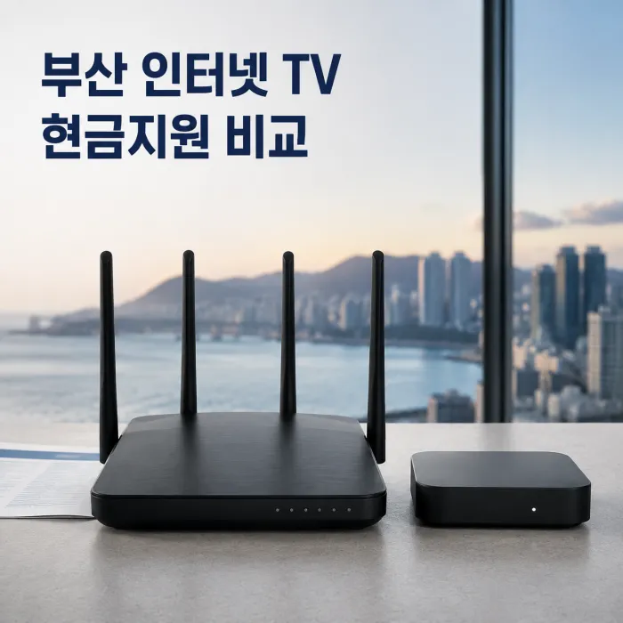 부산 인터넷 티비 현금지원 조건을 비교하는 상담 화면과 공유기
