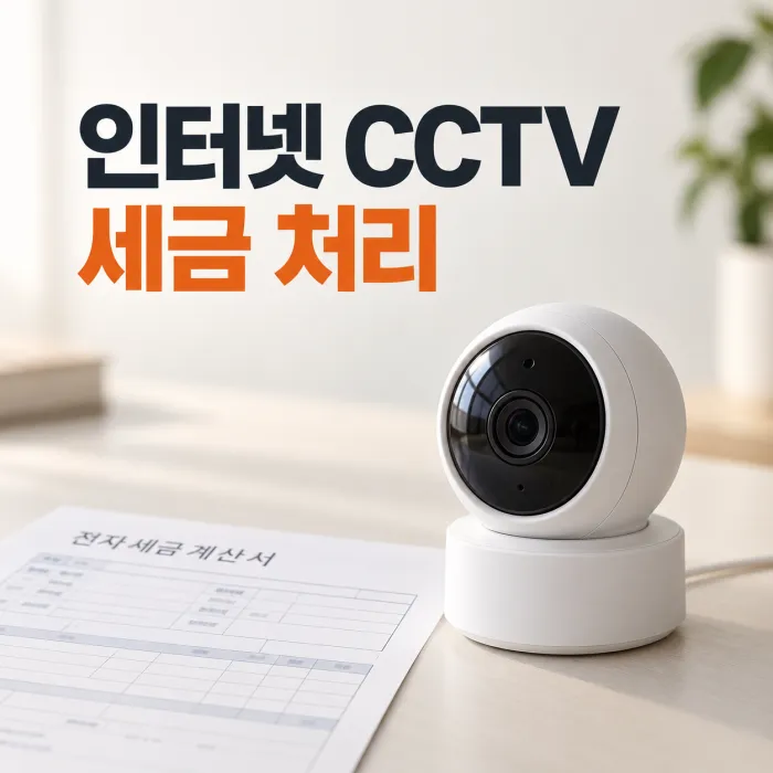 사무실 인터넷 공유기와 CCTV 모니터 옆에서 개인사업자 인터넷 CCTV 세금계산서를 확인하는 한국인 사업자