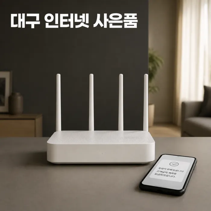 대구 인터넷 가입 사은품 조건을 비교하는 상담 화면과 공유기