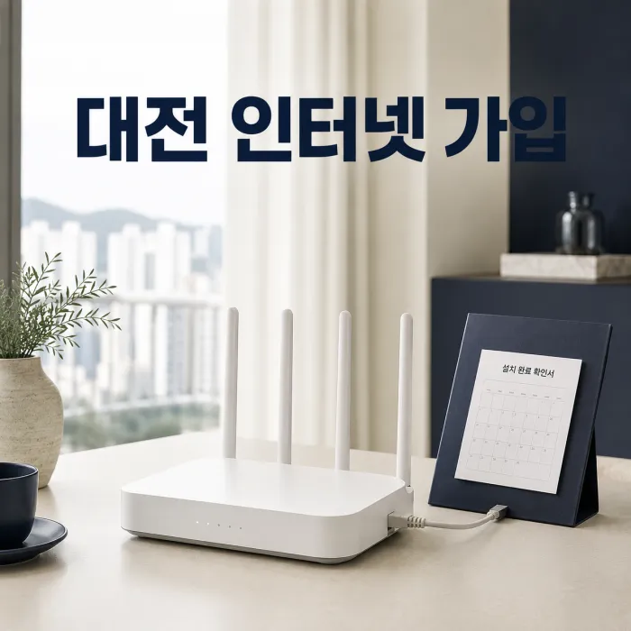 대전 인터넷 가입 비교사이트 비교를 위해 노트북과 공유기, 설치 일정표를 확인하는 모습