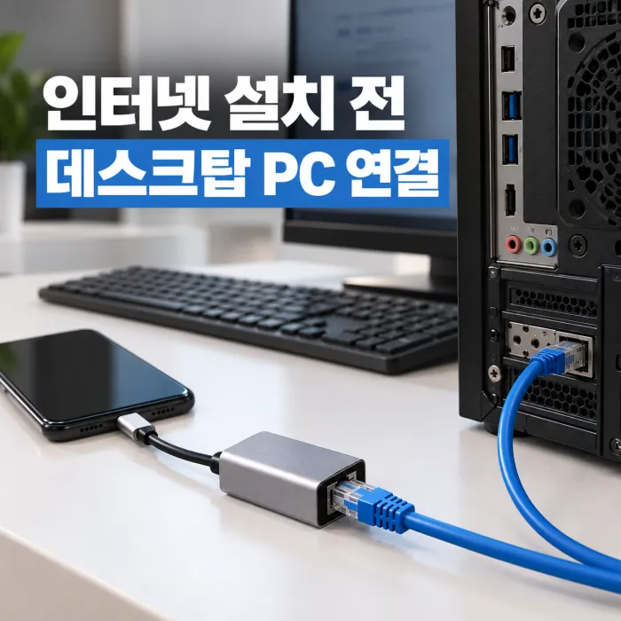 인터넷 설치 전 안드로이드 핸드폰과 C타입 이더넷 젠더, LAN 케이블로 데스크탑 PC를 유선 연결하는 모습