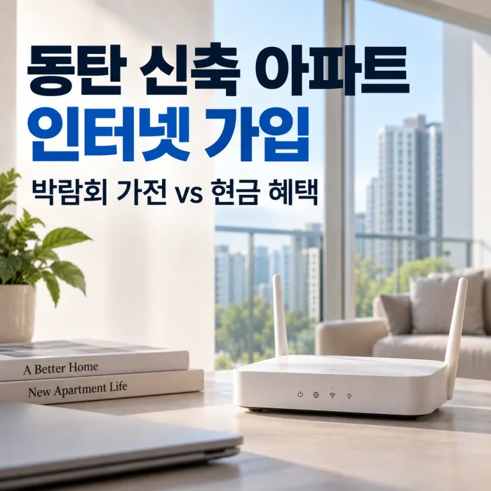 동탄 신축 아파트 인터넷 가입 전 입주박람회 가전 증정과 온라인 현금 혜택을 비교하는 인터넷 공유기 이미지