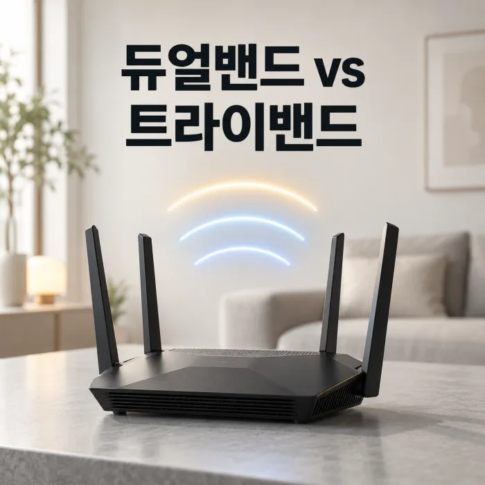 듀얼밴드 트라이밴드 공유기 차이를 보여주는 공유기와 와이파이 대역 이미지