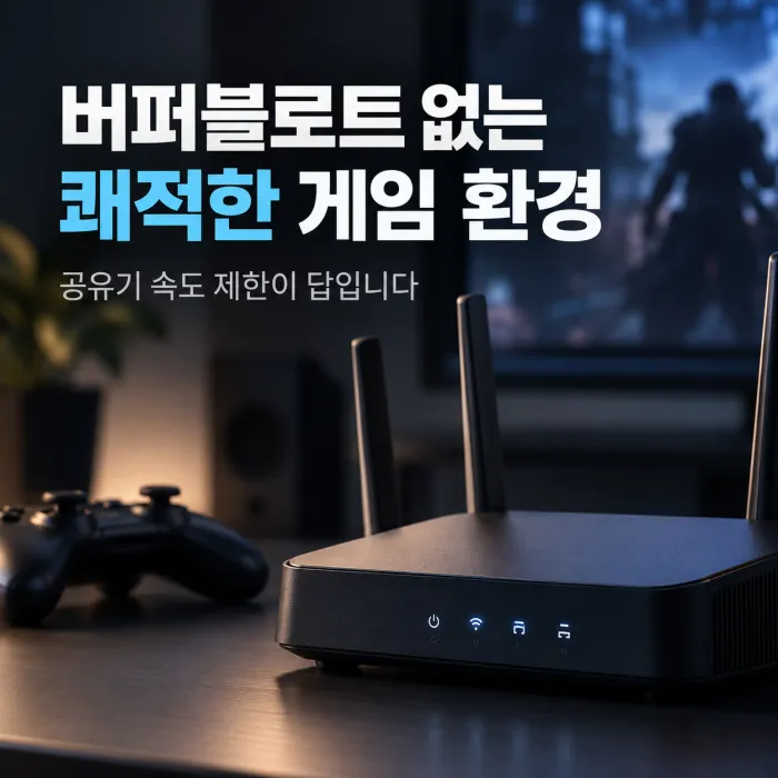 게임 핑 튐 해결을 위한 버퍼블로트 방지와 공유기 속도 제한 설정을 표현한 게이밍 인터넷 환경