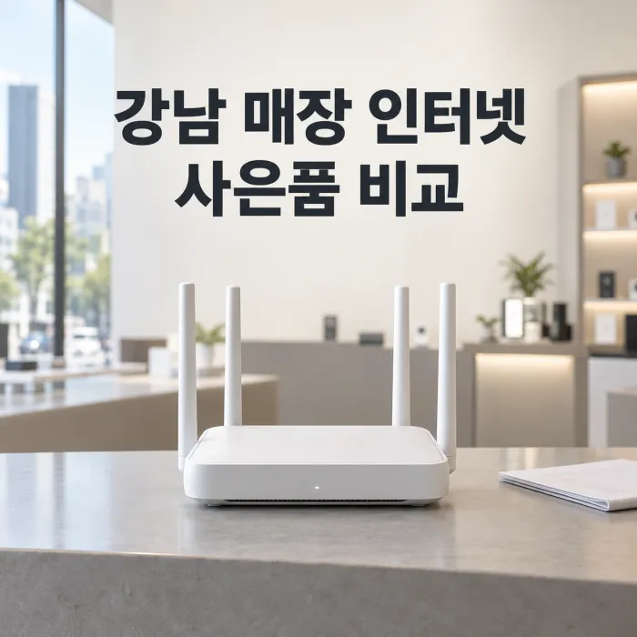 강남 매장·상가 인터넷 가입 조건을 비교하는 한국인 점주와 카운터 위 공유기 및 견적서