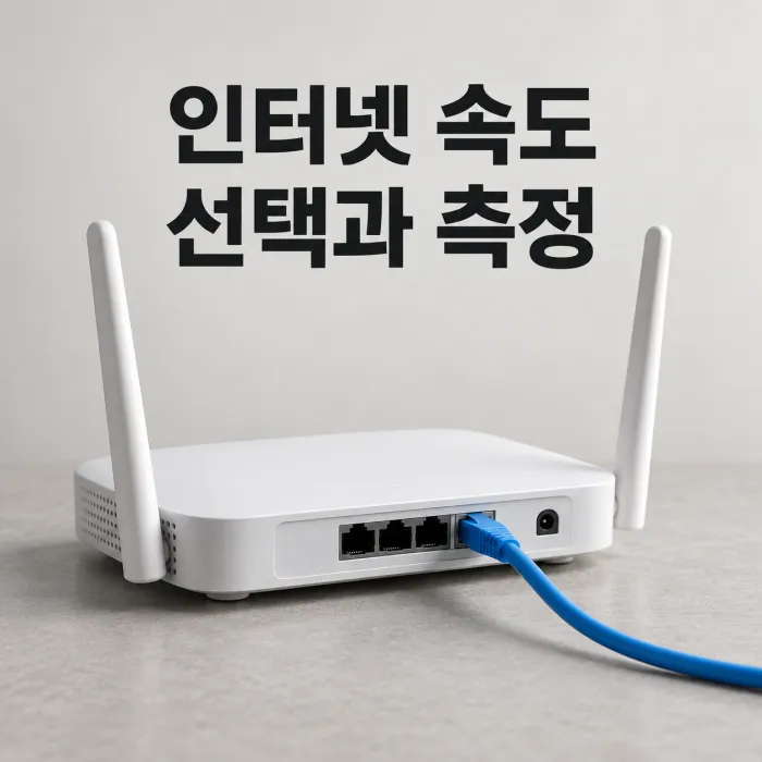 공유기와 랜선으로 연결한 노트북에서 가정용 인터넷 속도를 측정하는 모습