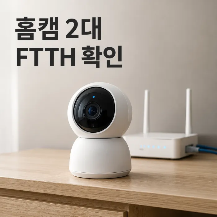 거실 선반 위 홈캠 2대와 FTTH 대칭형 인터넷 공유기