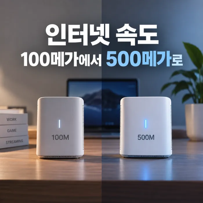인터넷 100메가에서 500메가로 속도 변경 시 체감 차이를 비교한 가정용 인터넷 공유기 이미지