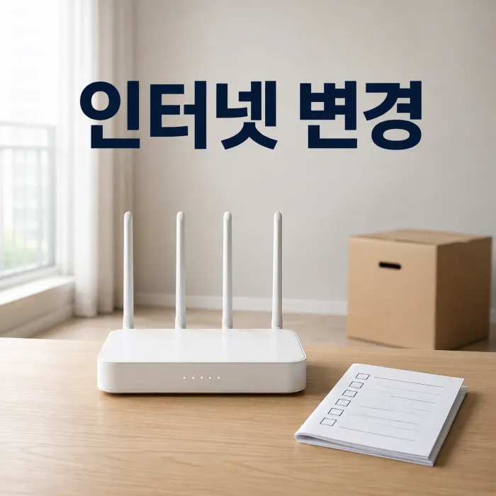 이사 박스와 공유기, 비용 비교 메모가 놓인 인터넷변경 안내 이미지