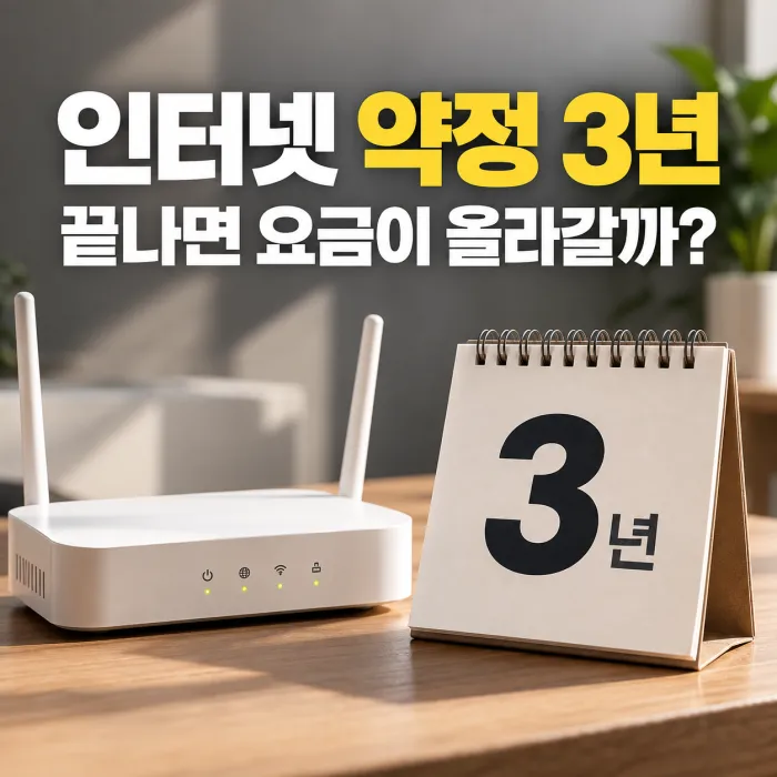 인터넷 약정 3년 만료 후 요금 인상 여부와 재약정·신규가입 비교를 안내하는 이미지