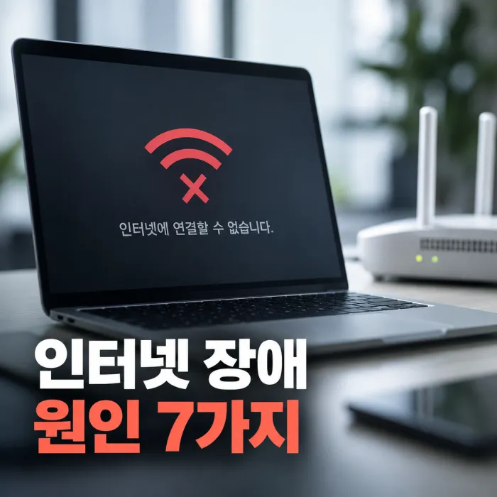 인터넷 장애 원인 7가지와 연결 오류를 보여주는 노트북 및 와이파이 공유기