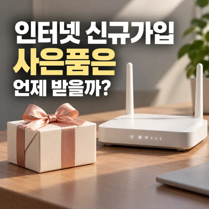 인터넷 신규가입 사은품 지급 시점을 안내하는 와이파이 공유기와 선물 상자 이미지