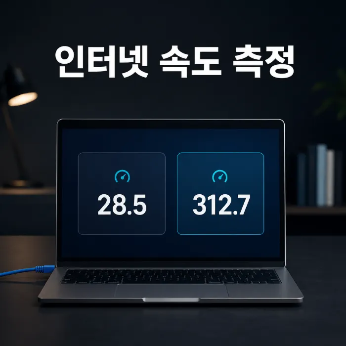 노트북 화면에서 인터넷 속도 측정 사이트 결과를 비교하는 모습
