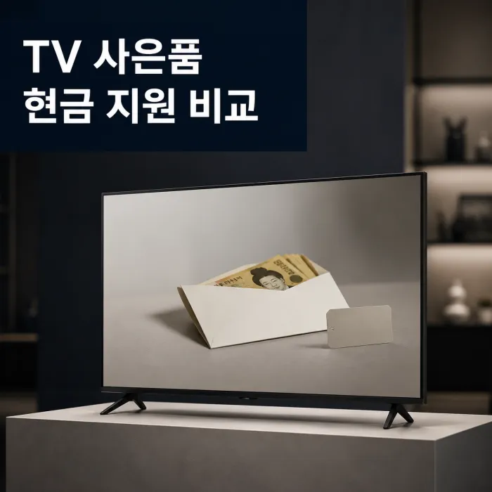 인터넷가입사은품TV와 현금 지원 금액을 비교하는 가전 구매 장면