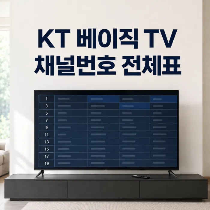 리모컨과 채널 안내 화면이 보이는 KT 베이직 TV 채널번호 대표 이미지