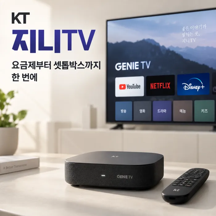 KT 지니TV 요금제 비교와 셋톱박스 선택을 보여주는 거실 TV와 지니TV 셋톱박스 이미지