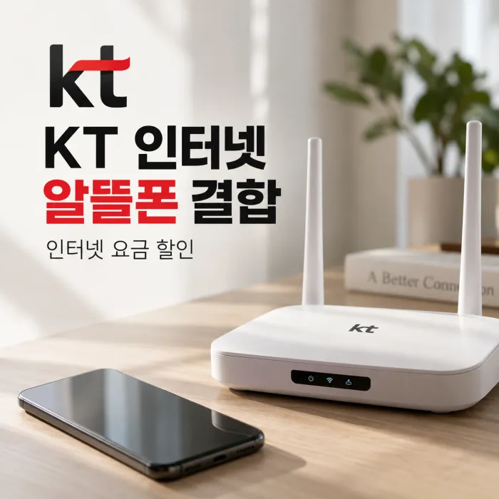 KT 인터넷 알뜰폰 결합 할인 안내와 와이파이 공유기 및 스마트폰 이미지