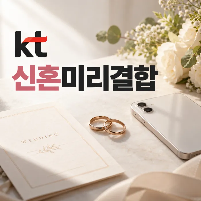 KT 신혼미리결합을 상징하는 결혼반지와 청첩장, 휴대폰이 놓인 신혼부부 결합할인 이미지
