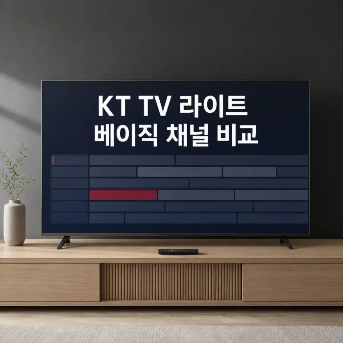 KT TV 라이트 채널과 베이직 추가 채널 4개를 보여주는 TV 화면과 리모컨 이미지
