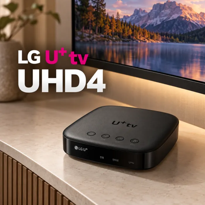 LG U+tv UHD4 셋톱박스와 TV가 설치된 거실, AI 음향과 Dolby Vision·Atmos를 지원하는 LG유플러스 IPTV 기기