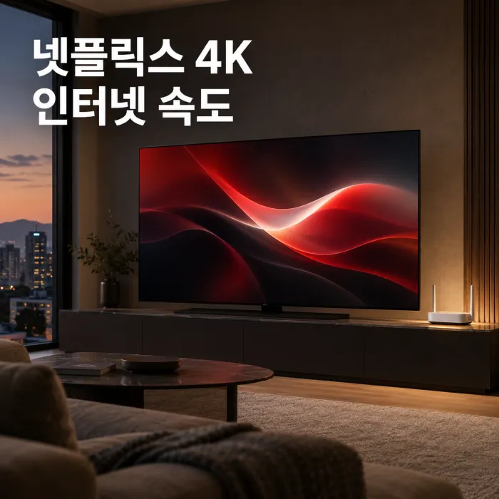 4K TV에서 넷플릭스 인터넷 속도를 확인하는 한국인 가족의 거실 모습