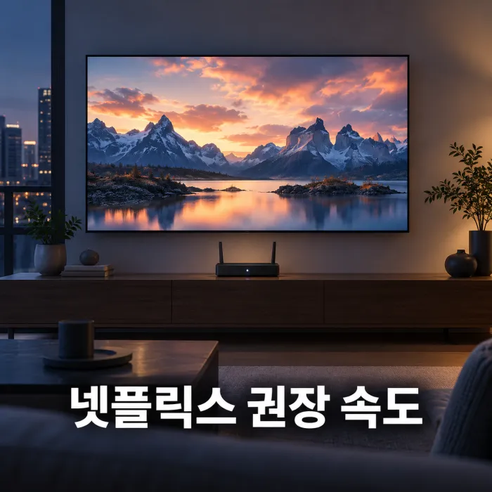 스마트TV 화면과 공유기를 통해 넷플릭스 권장 인터넷 속도를 확인하는 거실 모습