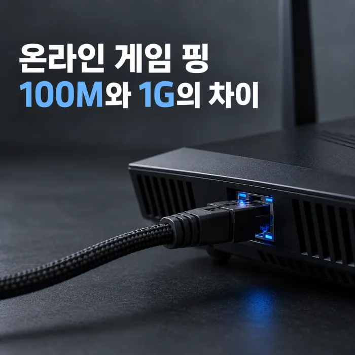 랜선으로 연결한 게임용 PC와 공유기 옆에서 온라인 게임 핑 수치를 확인하는 한국인 게이머