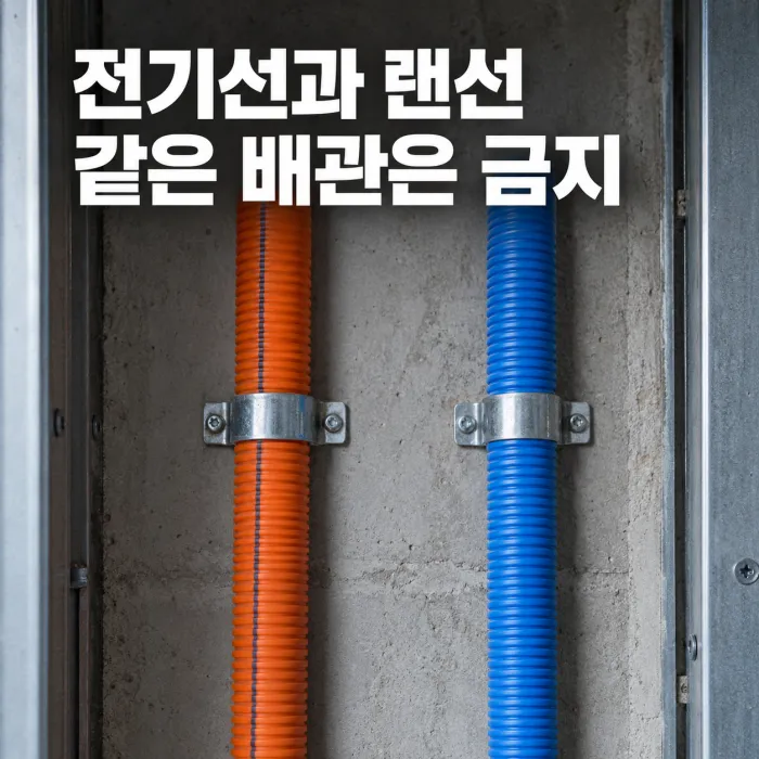 전기선 통신선 동일 배관을 피하고 220V 전원선과 UTP 랜선을 각각 분리한 배관 구조
