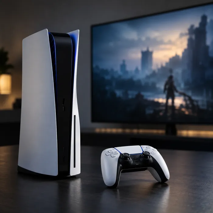테이플위의 ps5와 게임이 켜진 화면