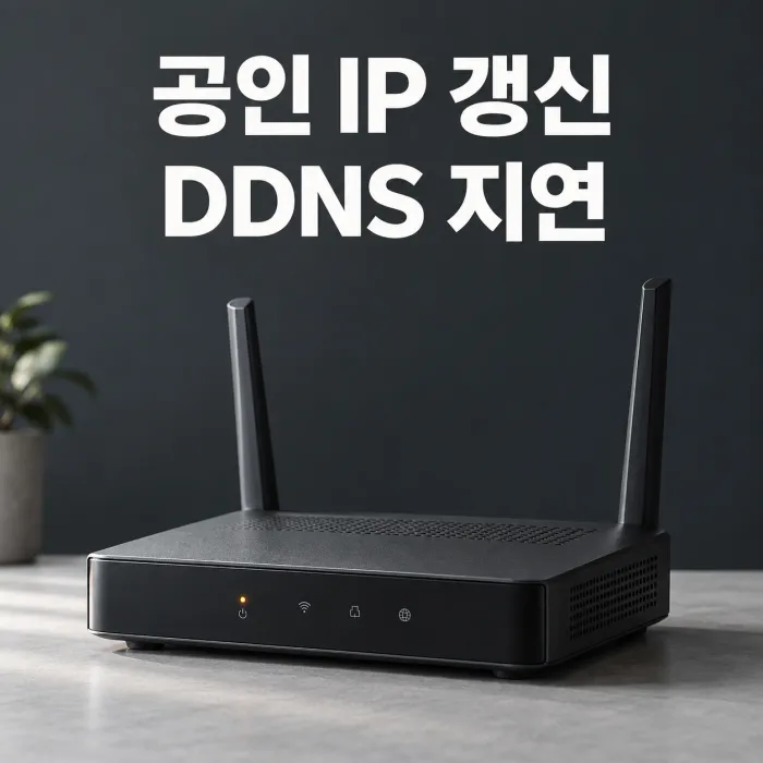 공인 IP 자동 갱신과 DDNS 지연 주제를 표현한 공유기 이미지