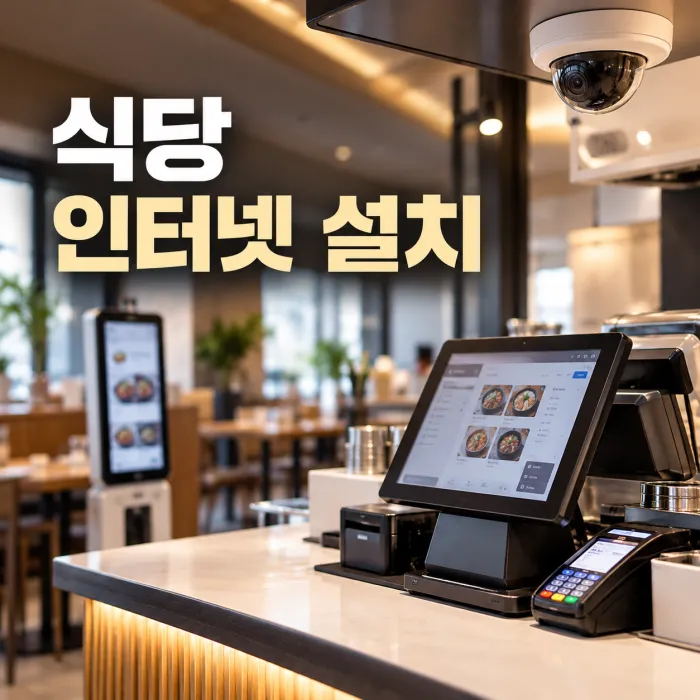 식당 인터넷 설치 전 POS 결제 단말기와 CCTV, 테이블오더 연결 환경을 보여주는 매장 카운터