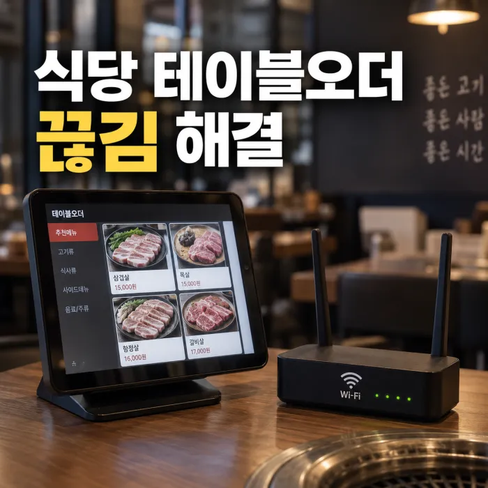 식당 테이블오더 끊김 해결을 위해 테이블오더 기기와 와이파이 공유기 연결 상태를 점검하는 매장 모습