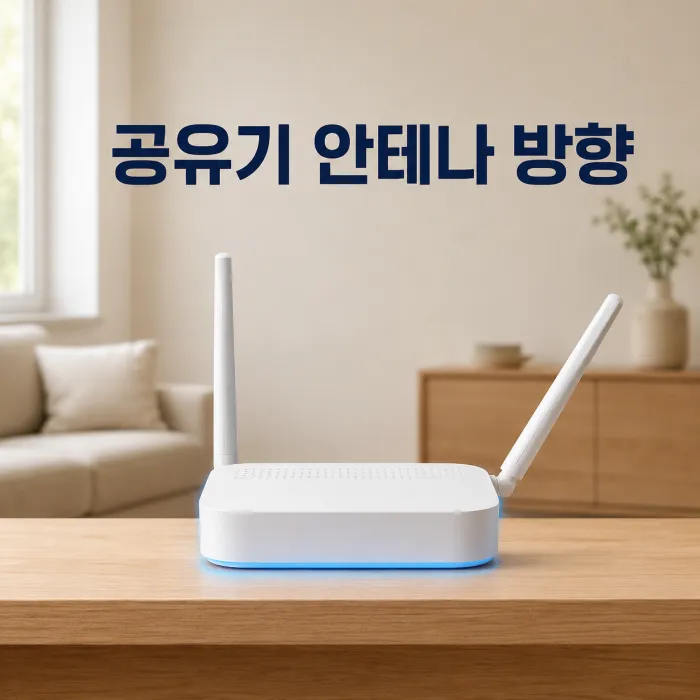 거실 선반 위 공유기 안테나 방향을 조절하는 모습