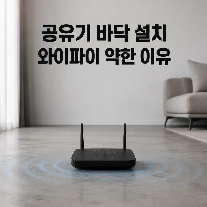공유기 바닥에 두면 약해질 수 있는 와이파이 신호를 보여주는 거실 선반 위 공유기
