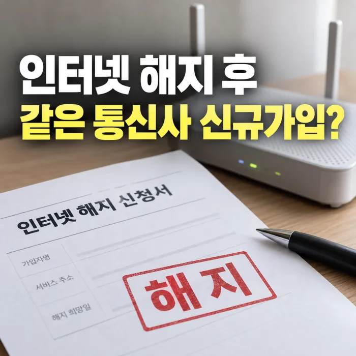 인터넷 해지 후 같은 통신사 신규가입 3개월 재가입 제한을 안내하는 해지 신청서와 와이파이 공유기 이미지