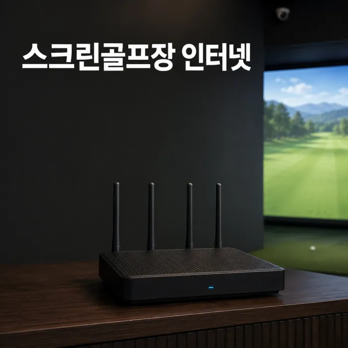 여러 타석과 CCTV 화면, 와이파이 공유기가 있는 스크린골프장 인터넷 설치 환경