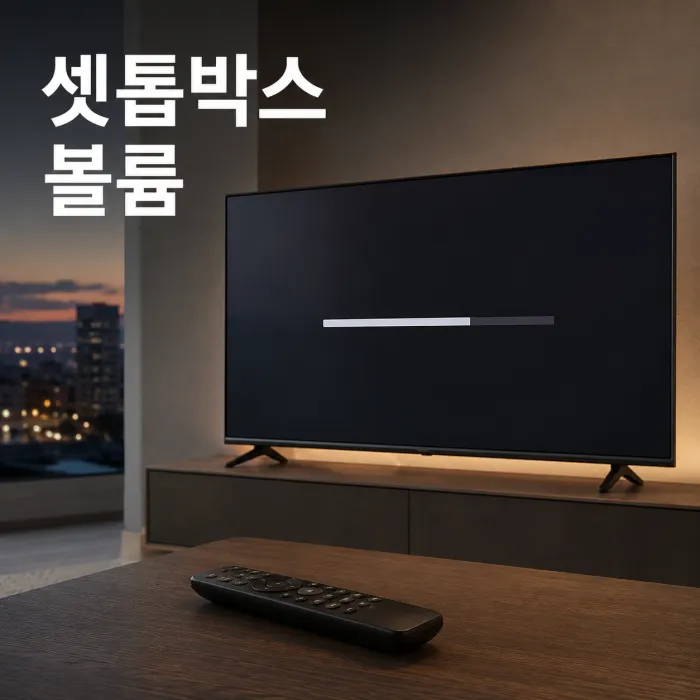 TV와 셋톱박스 리모컨으로 셋톱박스 볼륨 설정을 확인하는 거실 화면